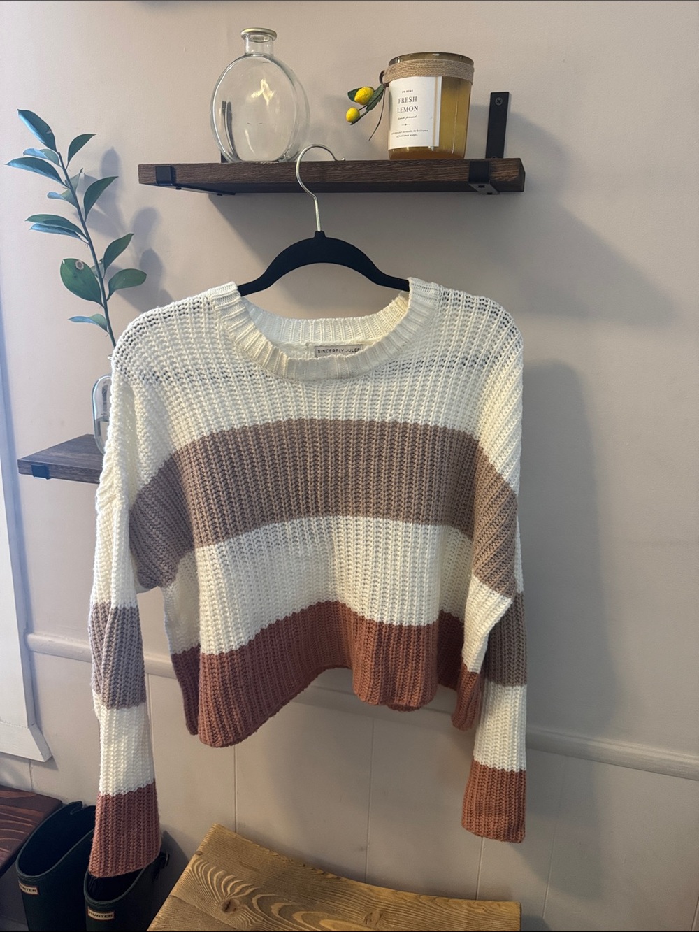 Sincerely Jules Chunky Striped Crewneck Sweater in Cream and Brown Size L